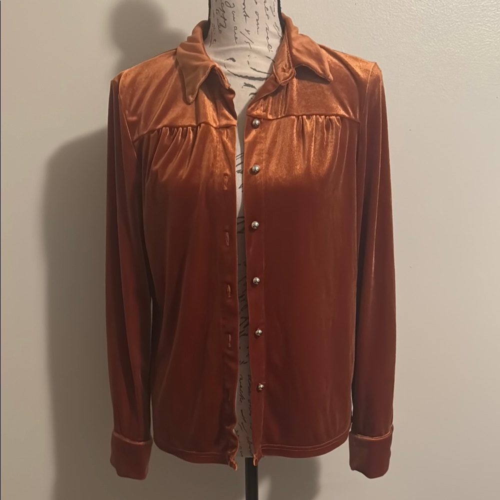 SHEIN Velvet Button-Down Shirt in Copper